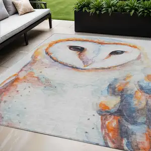 Photo of Ivory Orange Charcoal And Blue Owl Washable Indoor Outdoor Area Rug