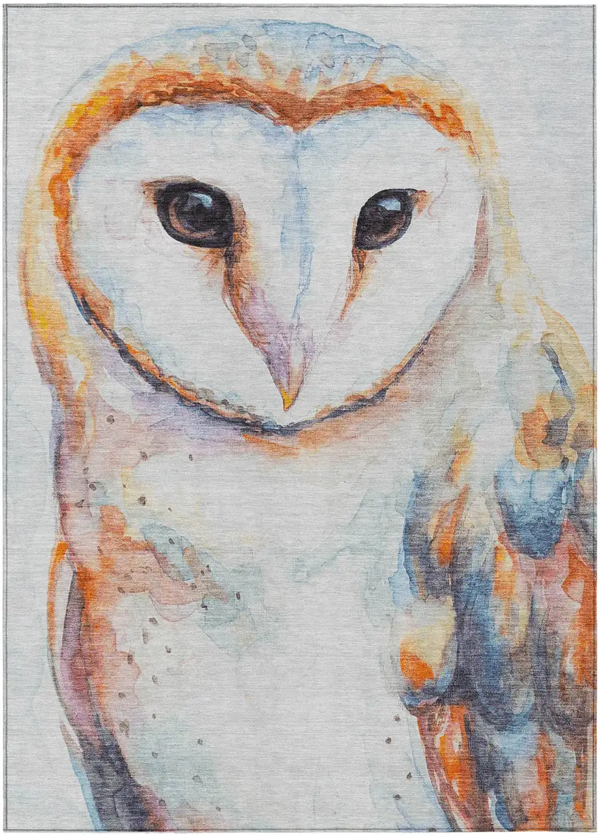Ivory Orange Charcoal And Blue Owl Washable Indoor Outdoor Area Rug Photo 1