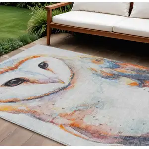 Photo of Ivory Orange Charcoal And Blue Owl Washable Indoor Outdoor Area Rug