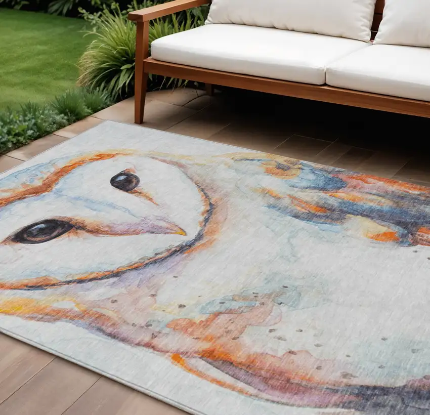 Ivory Orange Charcoal And Blue Owl Washable Indoor Outdoor Area Rug Photo 1