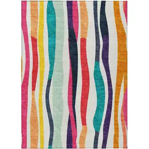 Photo of Ivory Orange Pink And Teal Blue Striped Washable Indoor Outdoor Area Rug