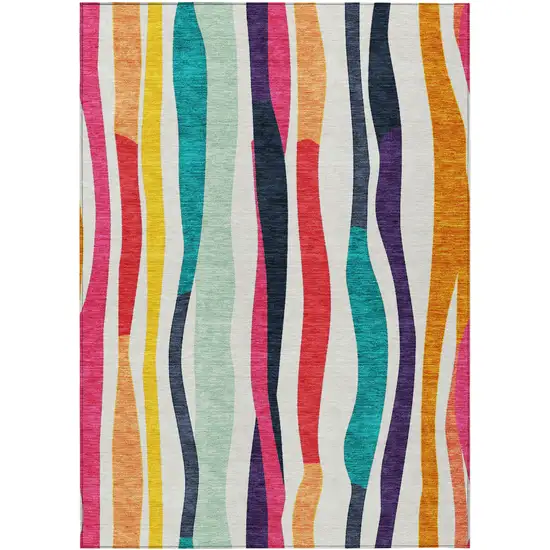 Ivory Orange Pink And Teal Blue Striped Washable Indoor Outdoor Area Rug Photo 1