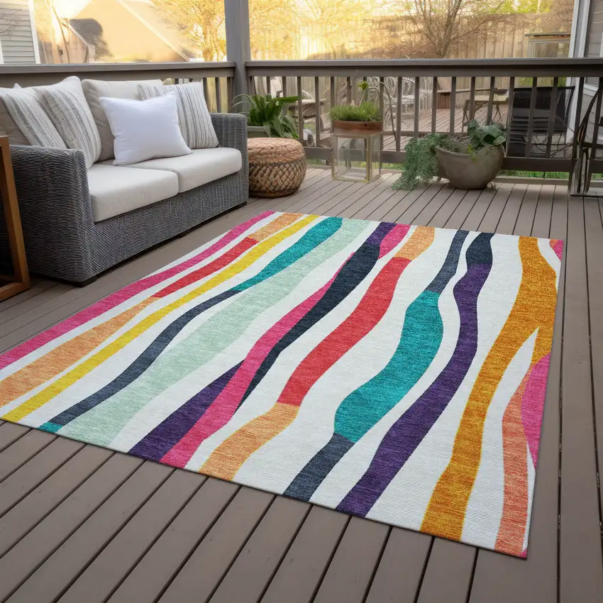 Ivory Orange Pink And Teal Blue Striped Washable Indoor Outdoor Area Rug Photo 9