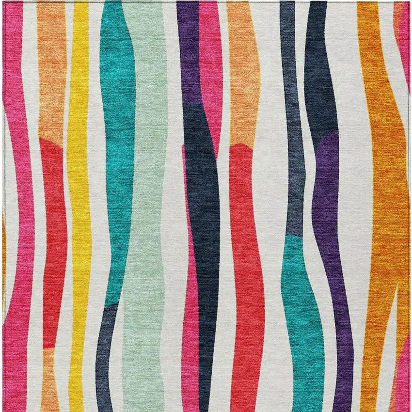 Ivory Orange Pink And Teal Blue Striped Washable Indoor Outdoor Area Rug Photo 4
