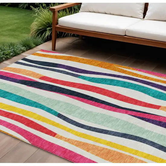 Ivory Orange Pink And Teal Blue Striped Washable Indoor Outdoor Area Rug Photo 2