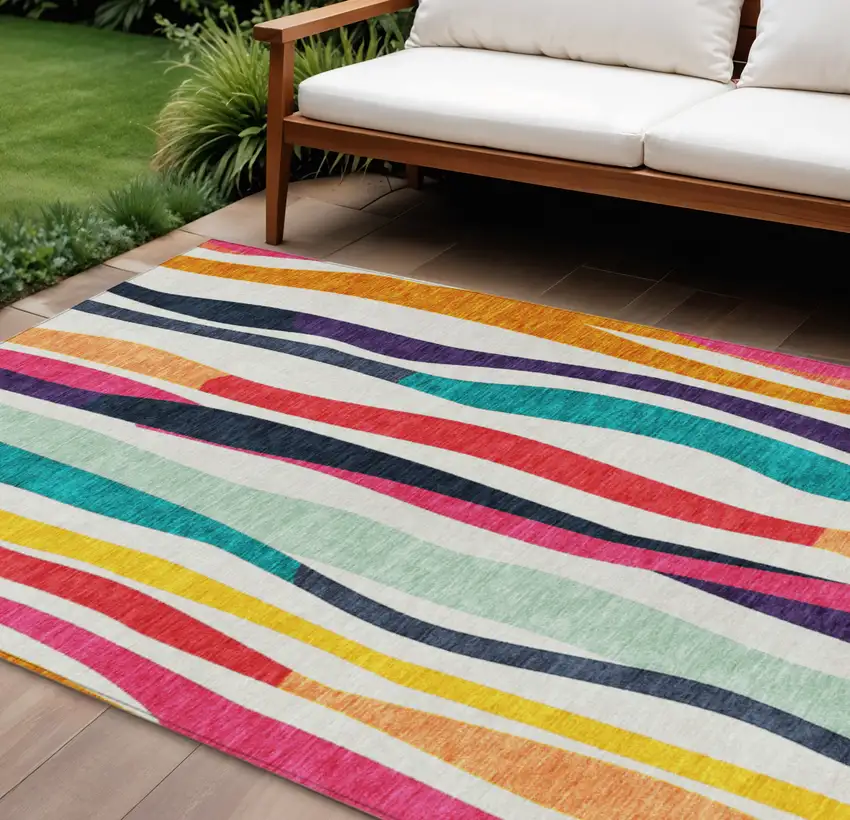 Ivory Orange Pink And Teal Blue Striped Washable Indoor Outdoor Area Rug Photo 2