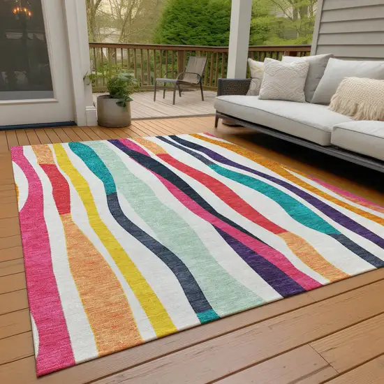 Ivory Orange Pink And Teal Blue Striped Washable Indoor Outdoor Area Rug Photo 6