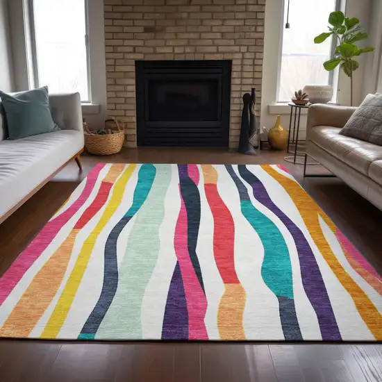 Ivory Orange Pink And Teal Blue Striped Washable Indoor Outdoor Area Rug Photo 8