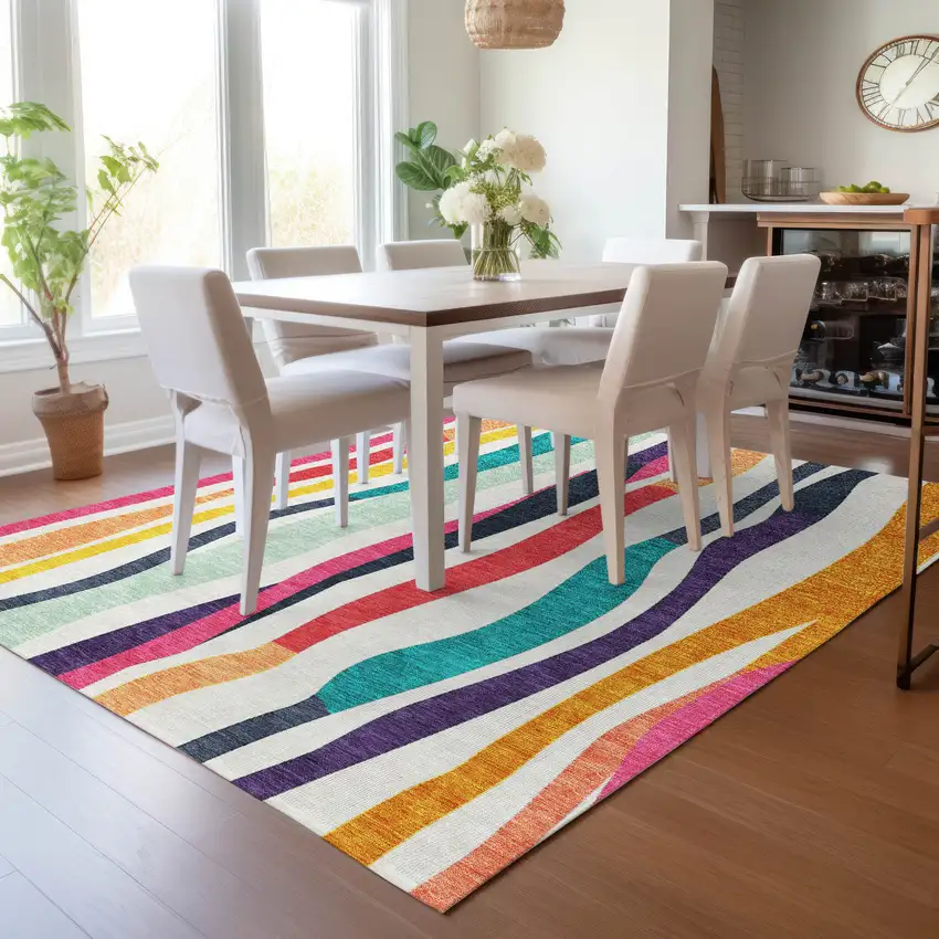 Ivory Orange Pink And Teal Blue Striped Washable Indoor Outdoor Area Rug Photo 7