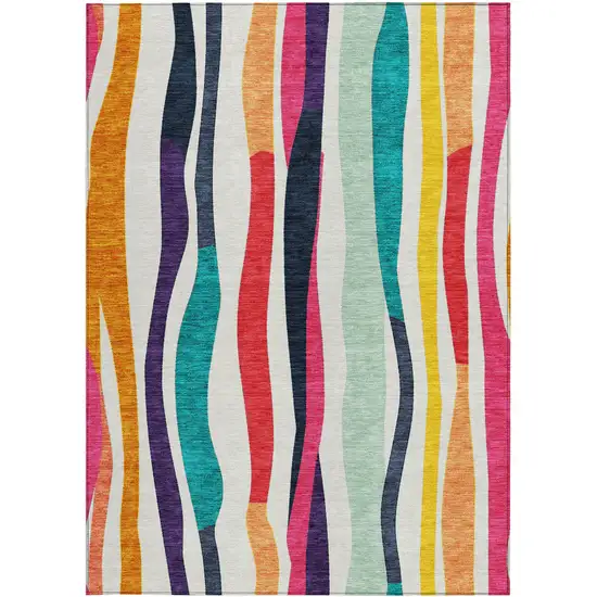Ivory Orange Pink And Teal Blue Striped Washable Indoor Outdoor Area Rug Photo 3