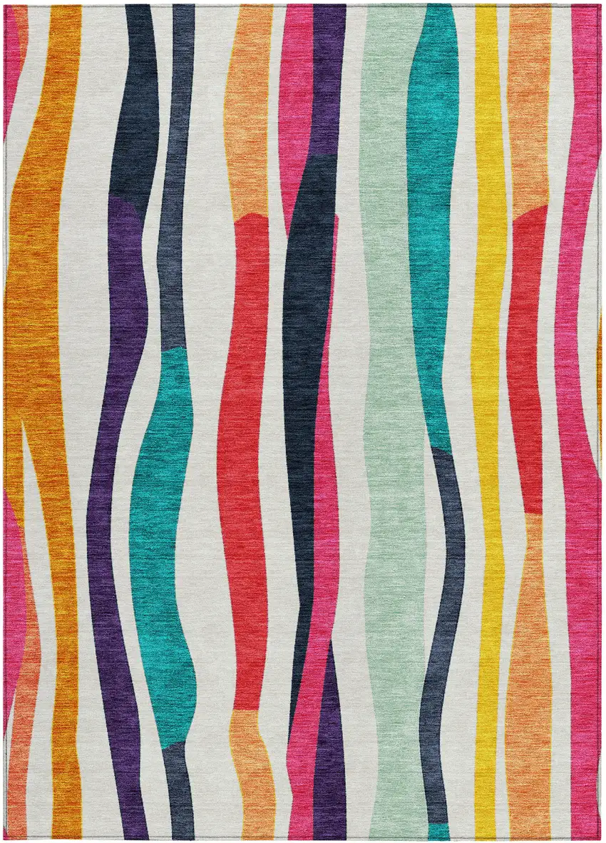 Ivory Orange Pink And Teal Blue Striped Washable Indoor Outdoor Area Rug Photo 3
