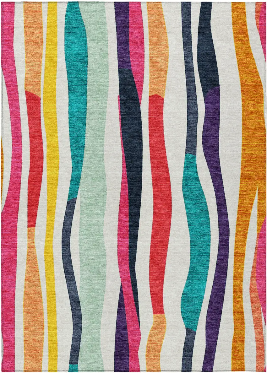 Ivory Orange Pink And Teal Blue Striped Washable Indoor Outdoor Area Rug Photo 1