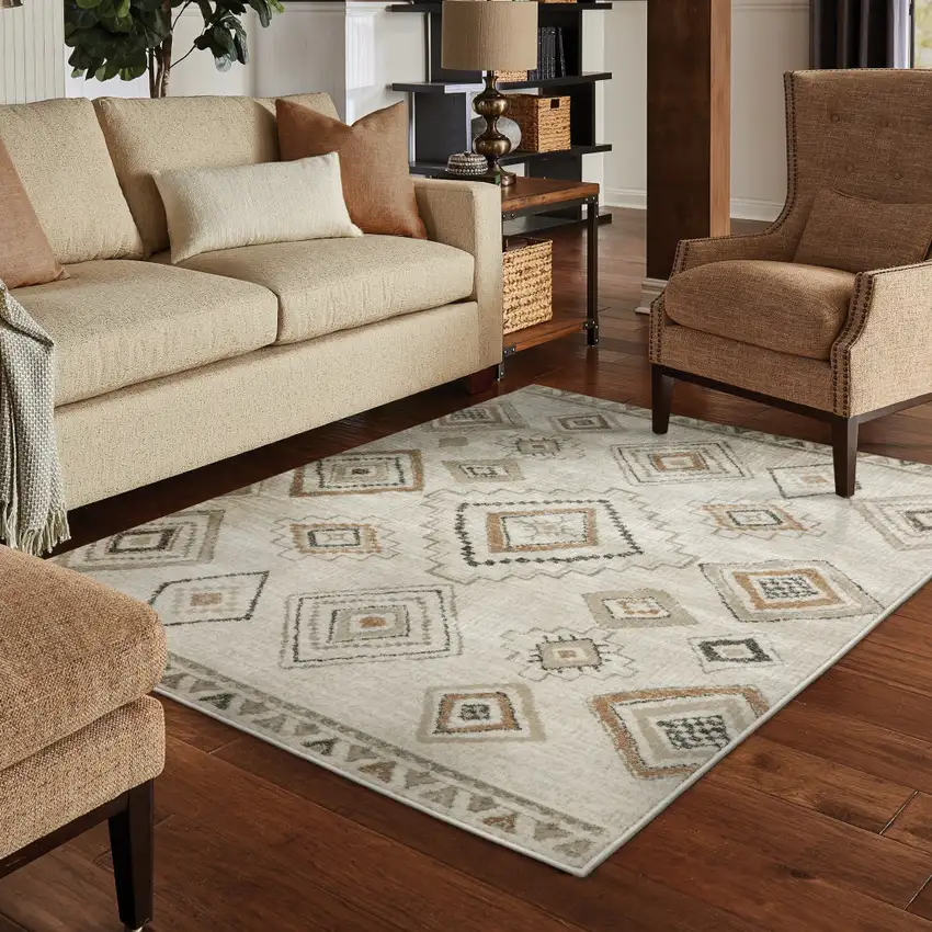 Ivory Orange Tan Black And Grey Southwestern Power Loom Stain Resistant Area Rug Photo 8
