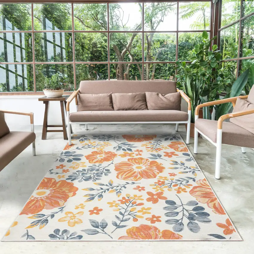 Ivory Orange and Blue Floral Stain Resistant Indoor Outdoor Area Rug Photo 8