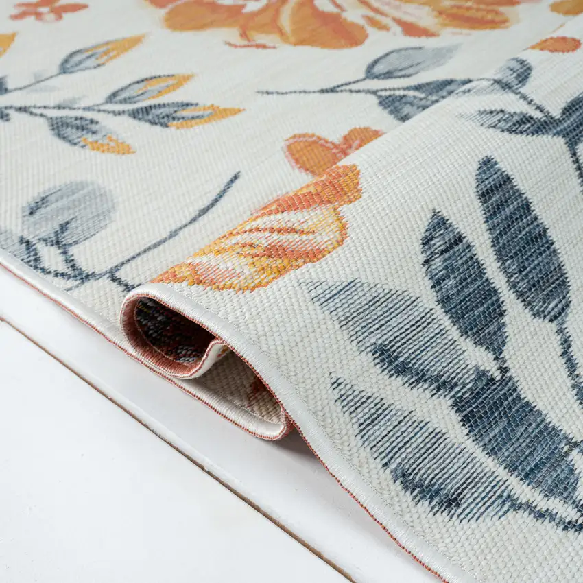 Ivory Orange and Blue Floral Stain Resistant Indoor Outdoor Area Rug Photo 3