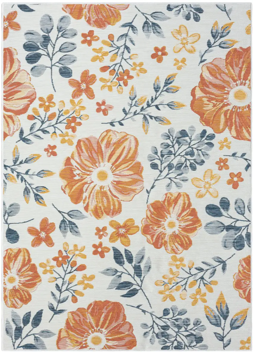 Ivory Orange and Blue Floral Stain Resistant Indoor Outdoor Area Rug Photo 2