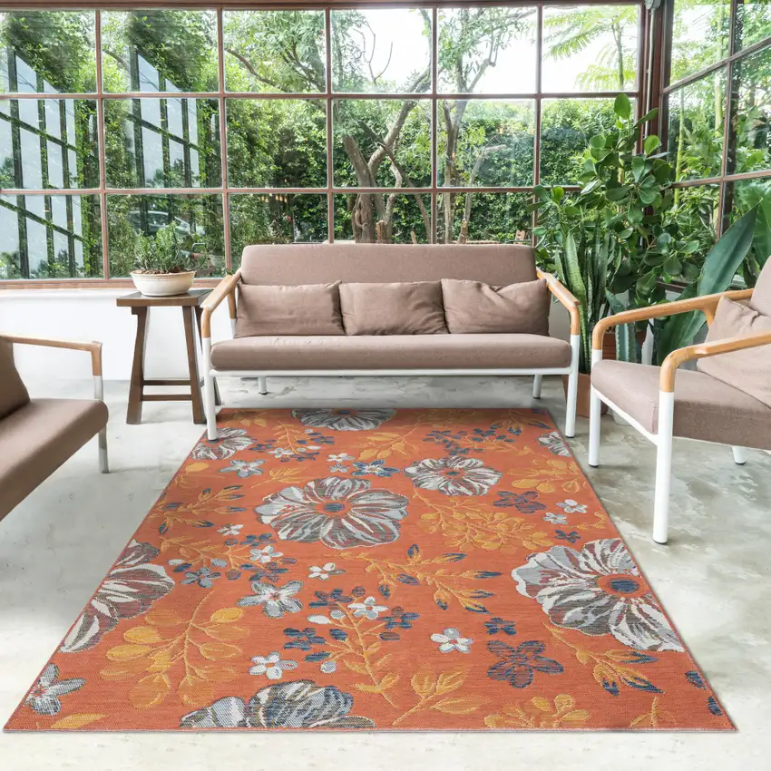 Ivory Orange and Blue Floral Stain Resistant Indoor Outdoor Area Rug Photo 9