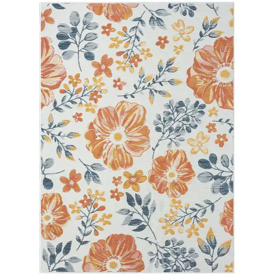 Ivory Orange and Blue Floral Stain Resistant Indoor Outdoor Area Rug Photo 2