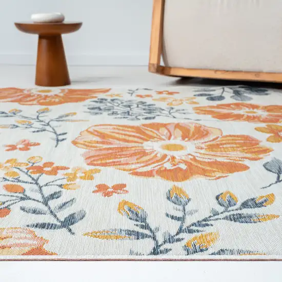 Ivory Orange and Blue Floral Stain Resistant Indoor Outdoor Area Rug Photo 7