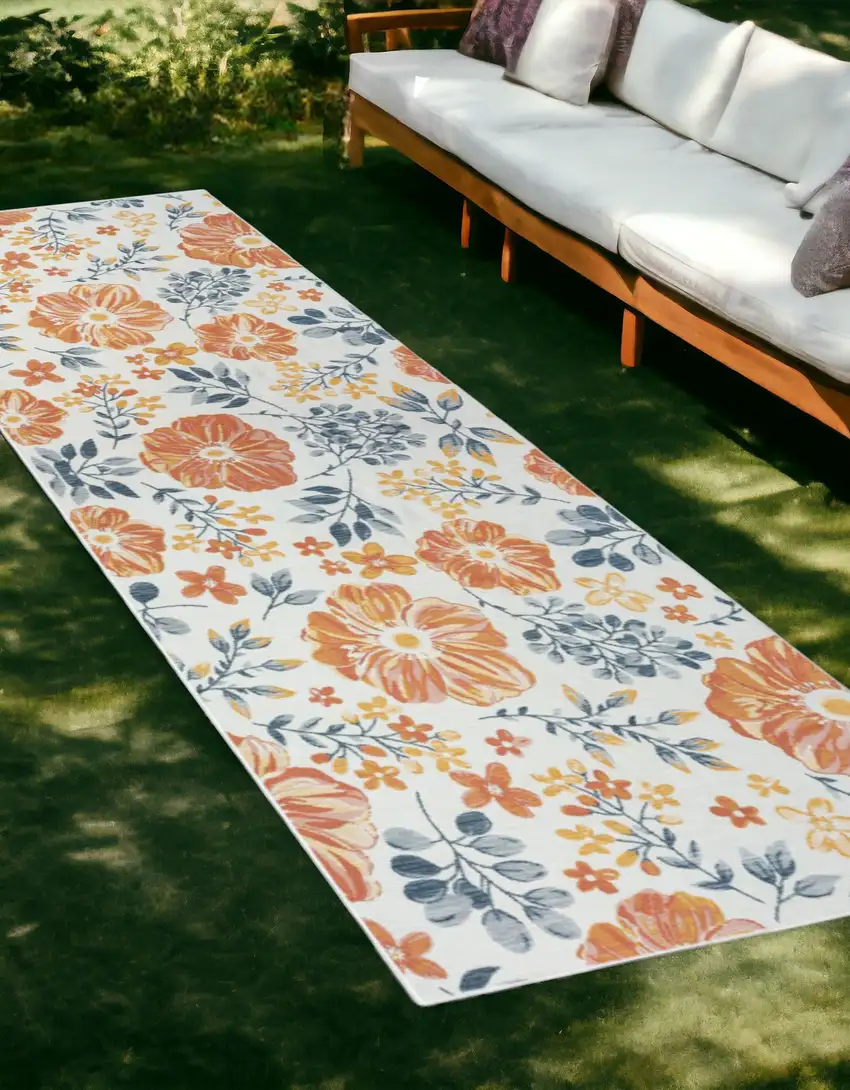 Ivory Orange and Blue Floral Stain Resistant Indoor Outdoor Runner Rug Photo 1