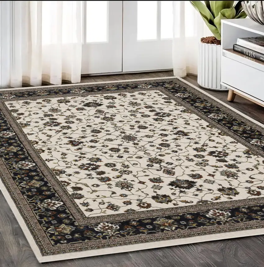 Ivory Oriental Area Rug With Fringe Photo 1