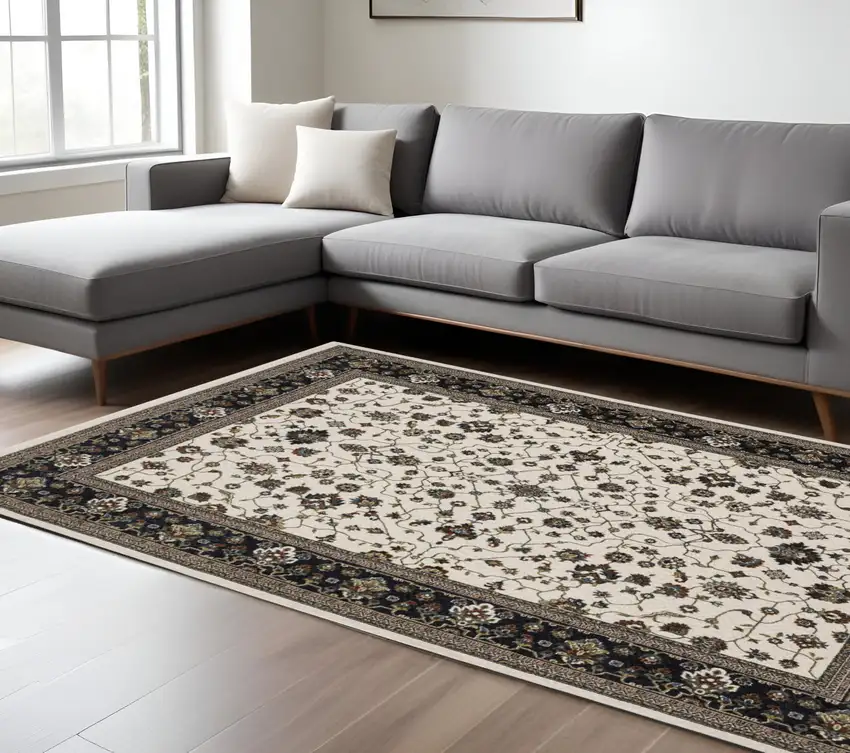 Ivory Oriental Area Rug With Fringe Photo 1