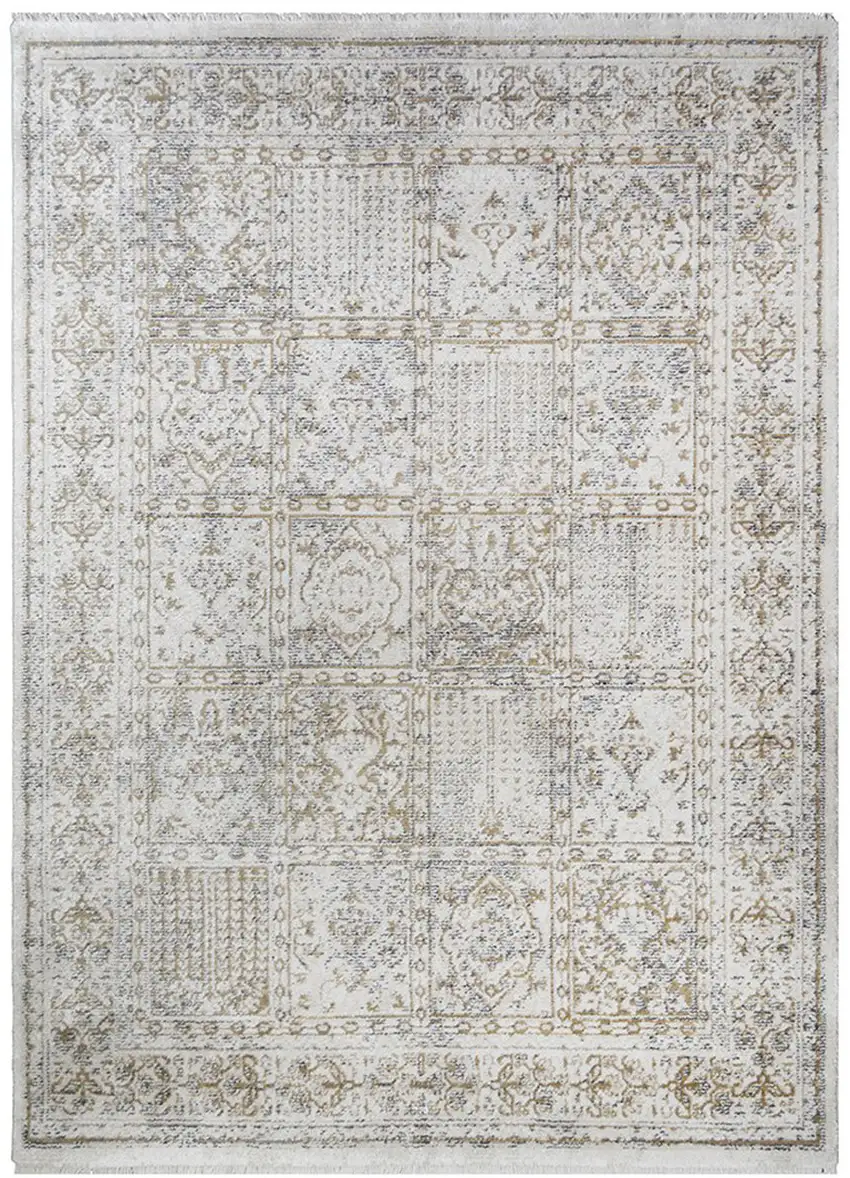 Ivory Oriental Distressed Area Rug With Fringe Photo 2