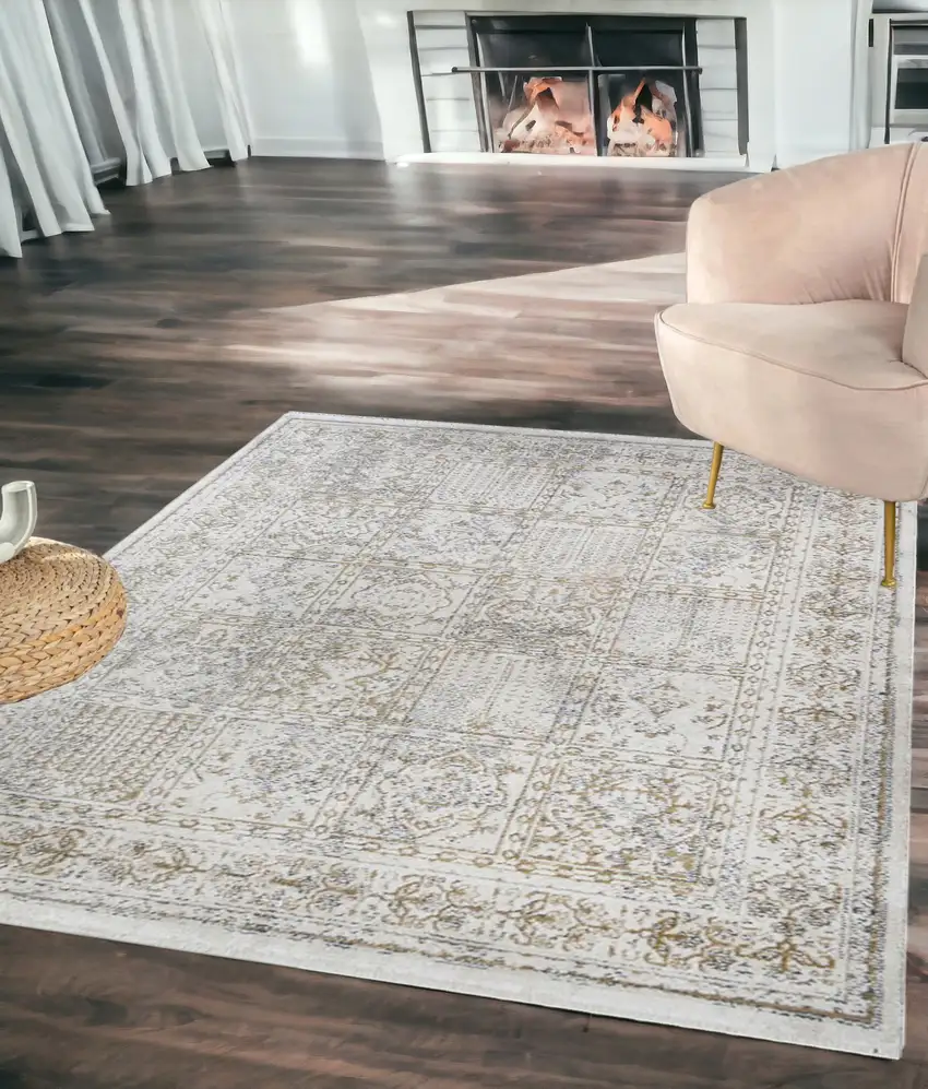 Ivory Oriental Distressed Area Rug With Fringe Photo 1