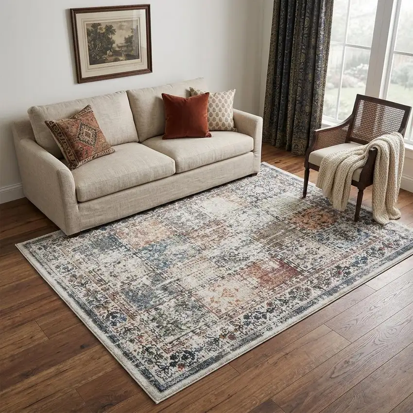 Ivory Oriental Distressed Area Rug With Fringe Photo 1