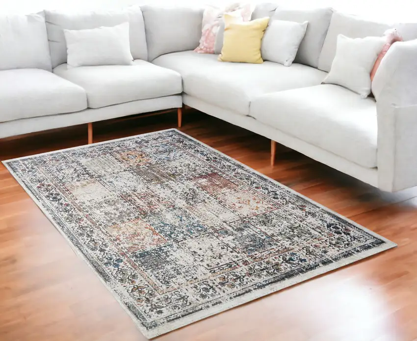 Ivory Oriental Distressed Area Rug With Fringe Photo 1