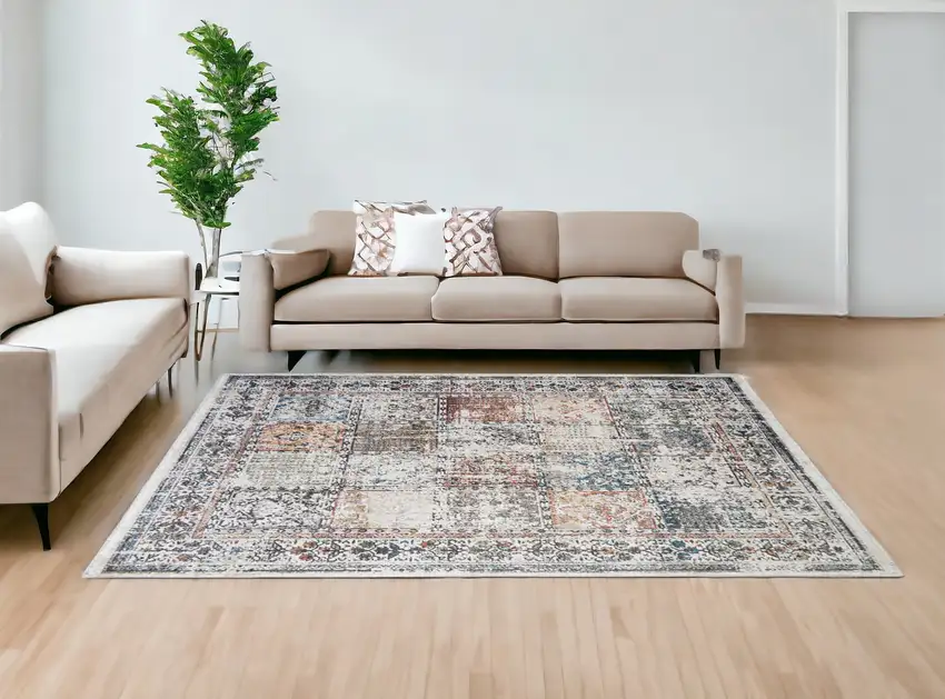 Ivory Oriental Distressed Area Rug With Fringe Photo 1