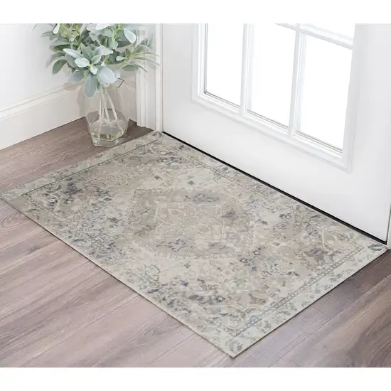 Ivory Oriental Distressed Area Rug Photo 1