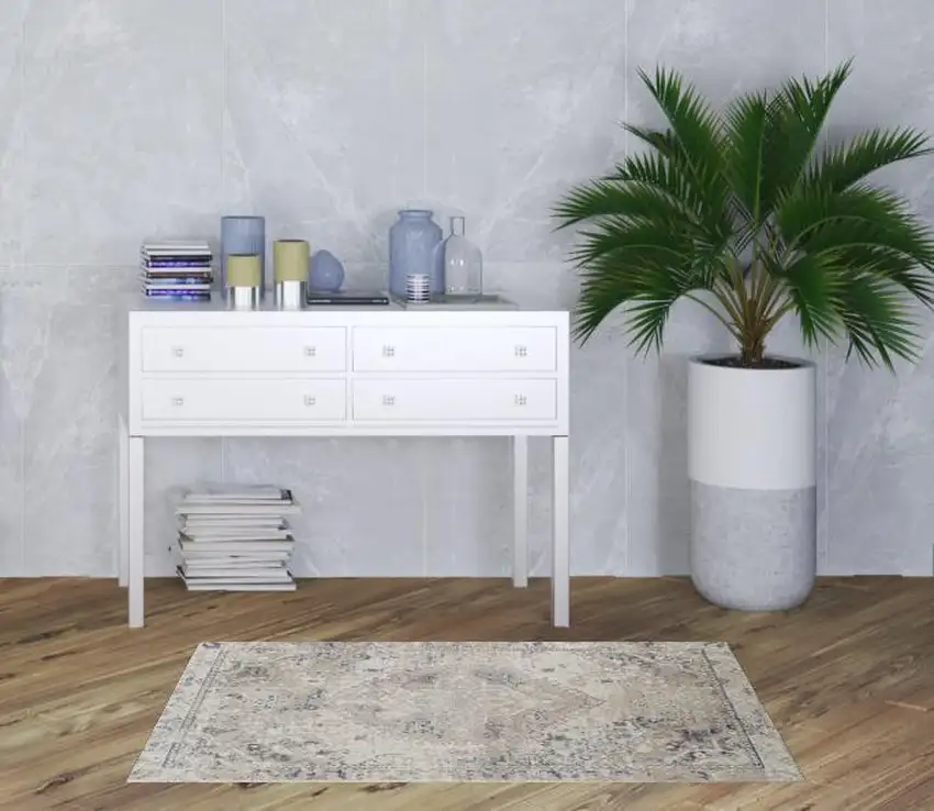 Ivory Oriental Distressed Area Rug Photo 2