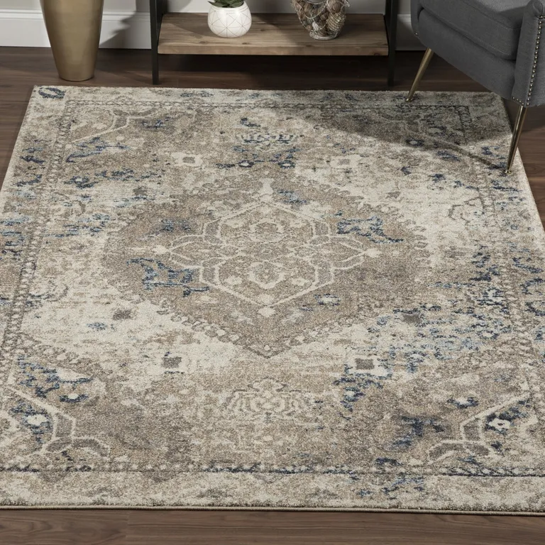 Ivory Oriental Distressed Area Rug Photo 1