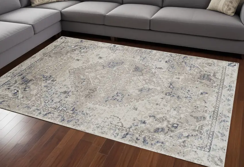 Ivory Oriental Distressed Area Rug Photo 1