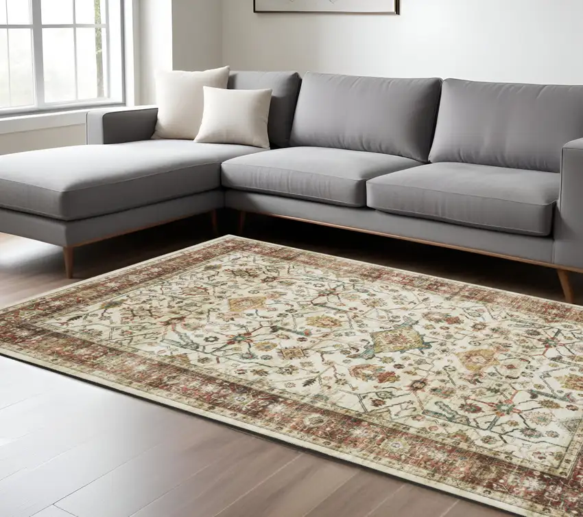 Ivory Oriental Distressed Area Rug Photo 1