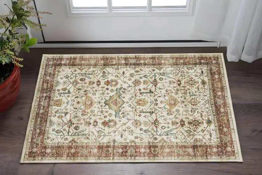 Ivory Oriental Distressed Area Rug Photo 1