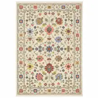 Photo of Ivory Oriental Power Loom Stain Resistant Area Rug With Fringe
