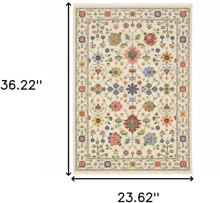Ivory Oriental Power Loom Stain Resistant Area Rug With Fringe Photo 9