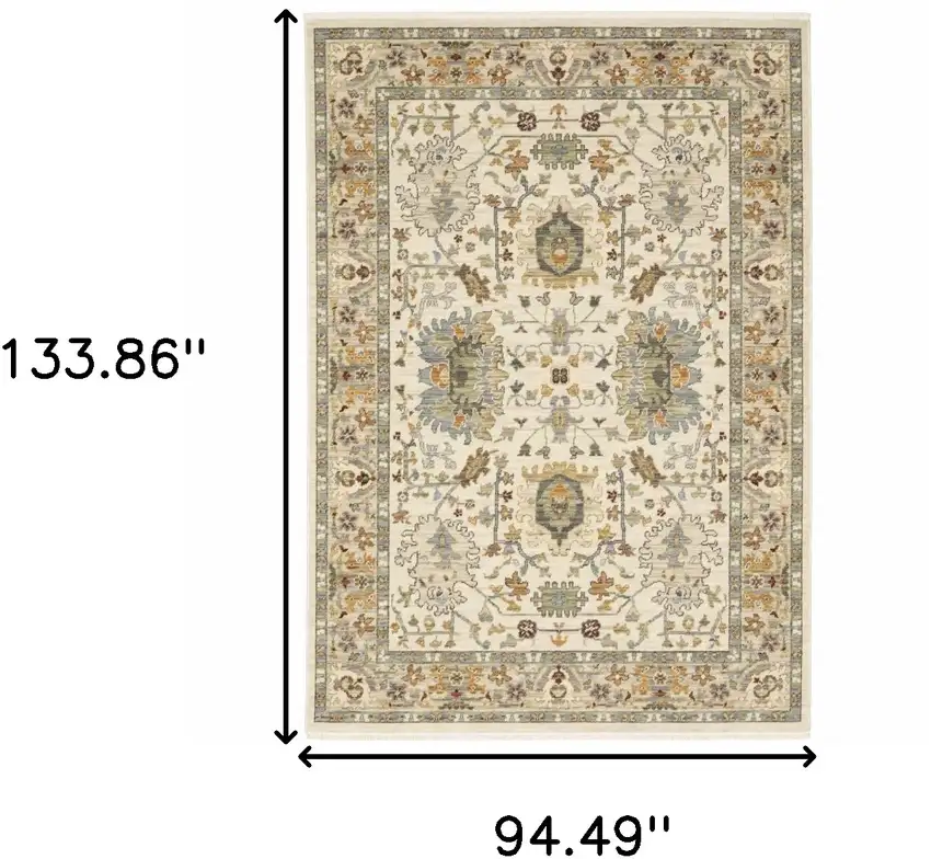 Ivory Oriental Power Loom Stain Resistant Area Rug With Fringe Photo 3