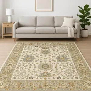 Photo of Ivory Oriental Power Loom Stain Resistant Area Rug With Fringe