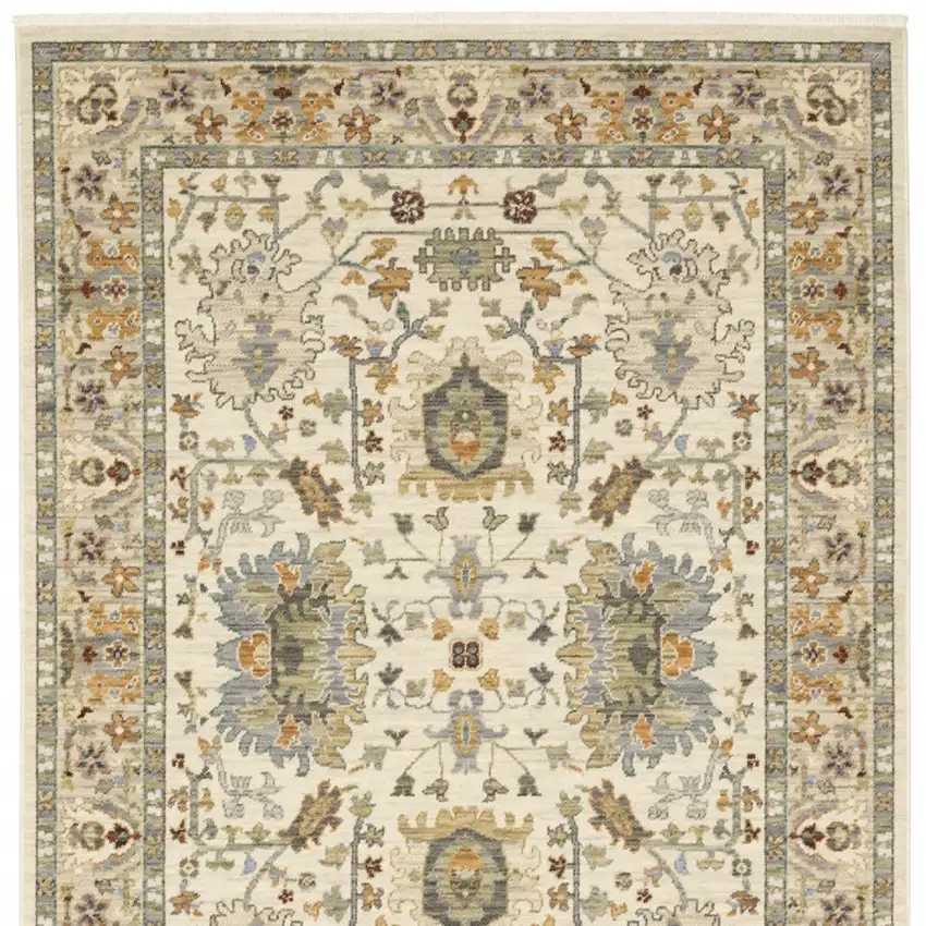 Ivory Oriental Power Loom Stain Resistant Area Rug With Fringe Photo 7