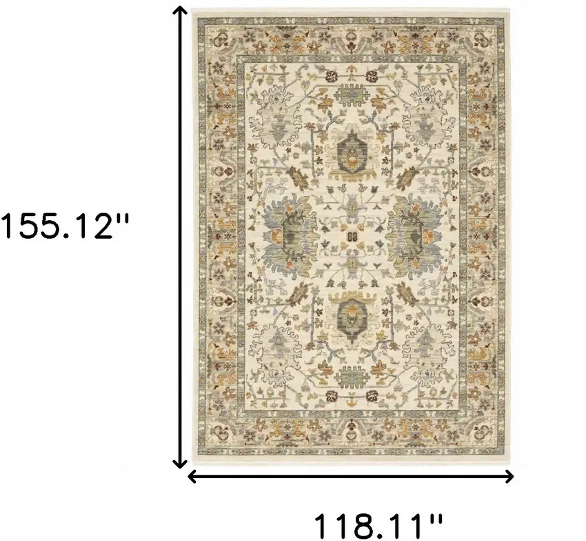 Ivory Oriental Power Loom Stain Resistant Area Rug With Fringe Photo 3