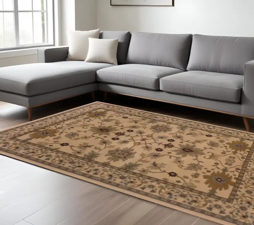 Ivory Oriental Power Loom Stain Resistant Area Rug Photo 1