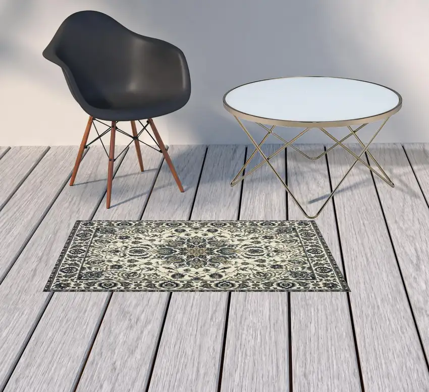 Ivory Oriental Stain Resistant Indoor Outdoor Area Rug Photo 2
