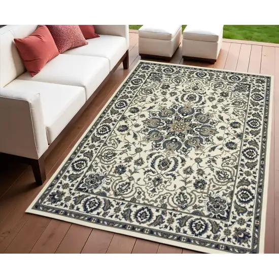 Ivory and Blue Oriental Stain Resistant Indoor Outdoor Area Rug Photo 1