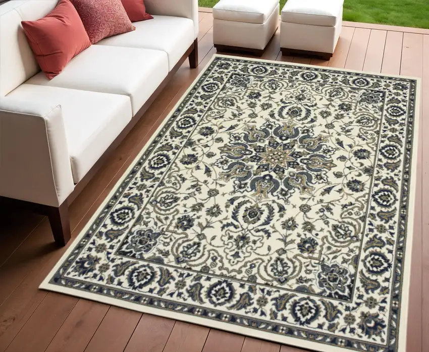 Ivory and Blue Oriental Stain Resistant Indoor Outdoor Area Rug Photo 1
