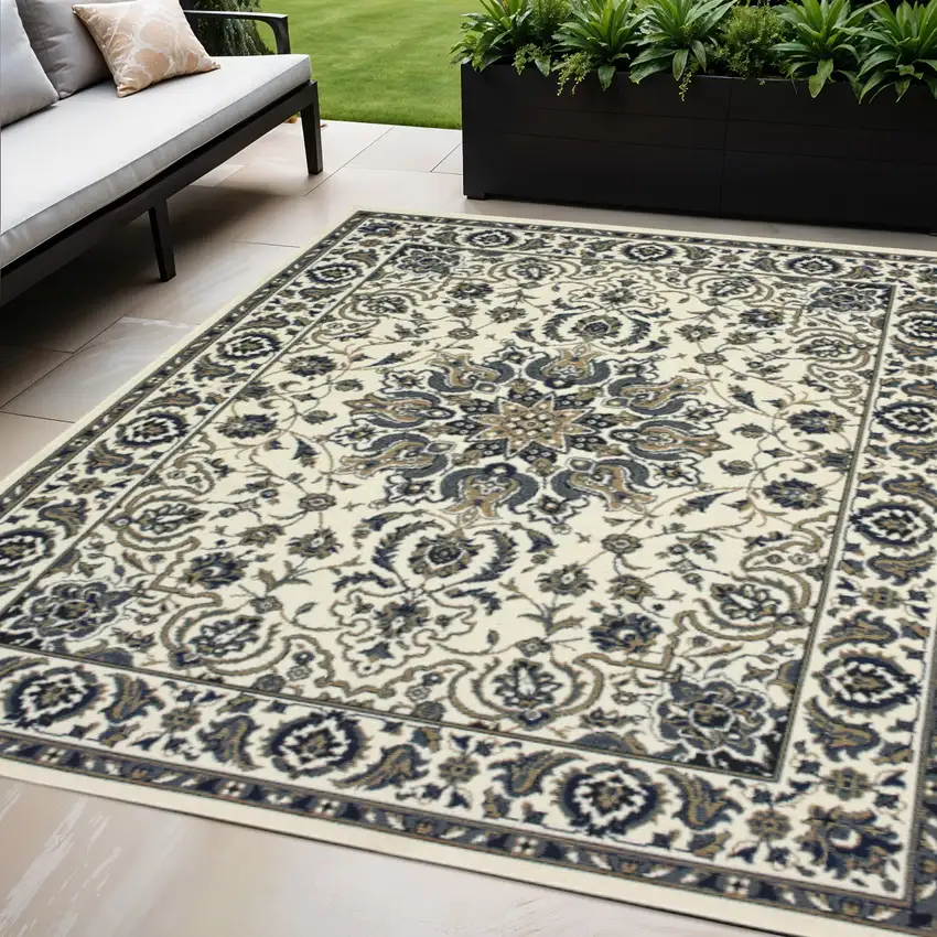 Ivory and Blue Oriental Stain Resistant Indoor Outdoor Area Rug Photo 1