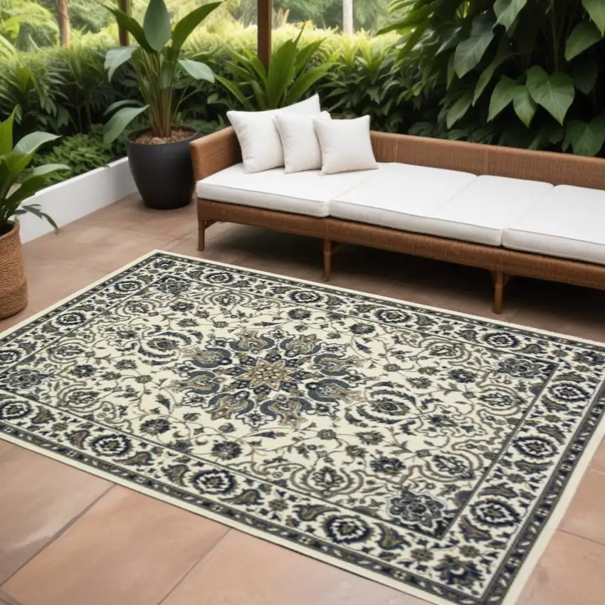 Ivory and Blue Oriental Stain Resistant Indoor Outdoor Area Rug Photo 1