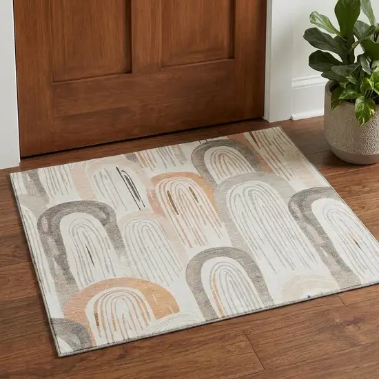 Ivory Peach And Taupe Geometric Washable Area Rug With UV Protection Photo 1